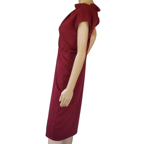 Women's L Midi Dress Sleeveless Cowl Neck Knit Stretch Maroon Red Elastic Waist - Picture 5 of 13